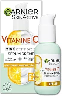 GARNIER Skin Active - Sérum Crème Booster D'Éclat 2-En-1 - Hydratation 72h & Éclat - FPS 25 - Vitamine C & Agrumes - Vegan & Cruelty Free - Peaux Ternes En Manque D'Éclat - 50 ml