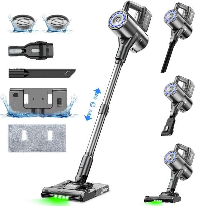 Linkifly A9 Aspirateur Balai sans Fil avec Fonction Nettoyage, 6en1-35KPa-40 Min, LED verte, Poils d'animaux/Tapis/Sols Durs